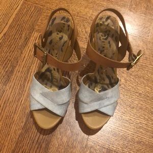 Sam Edelman leather wedge size 8 tan denim blue multi Harley worn